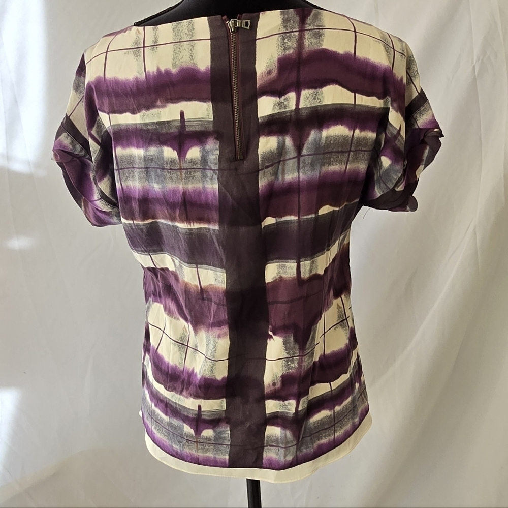 alice+olivia women XS silk watercolor 3/4 zipper blouse short sleeve boho Career - Picture 6 of 8